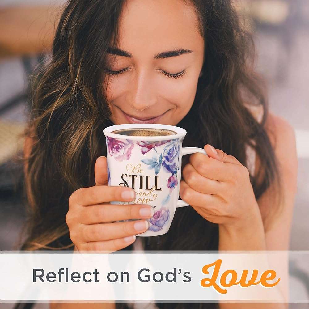 Christian Art Gifts Rose Floral Ceramic Coffee Mug with Purple Lid – 13 oz. Lead and Cadmium-free Inspirational Scripture Coffee and Tea Mug for Women with Bible Verse: Be Still and Know – Psalm 46:10 - Image 5