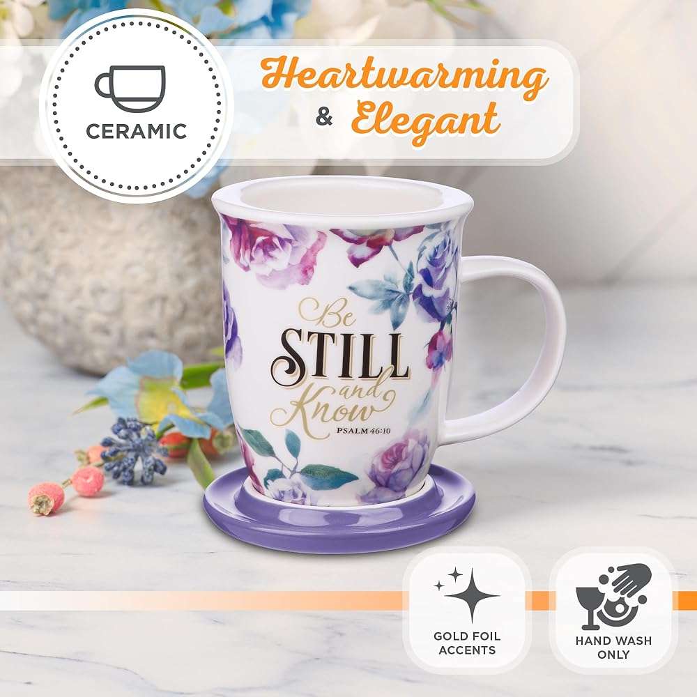 Christian Art Gifts Rose Floral Ceramic Coffee Mug with Purple Lid – 13 oz. Lead and Cadmium-free Inspirational Scripture Coffee and Tea Mug for Women with Bible Verse: Be Still and Know – Psalm 46:10 - Image 6