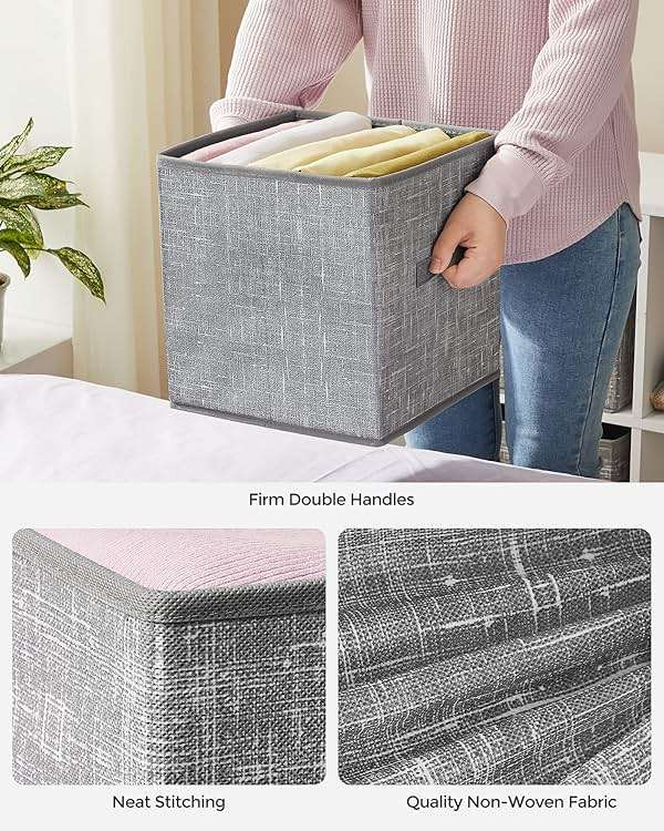 SONGMICS Storage Cubes, 11-Inch Non-Woven Fabric Bins with Double Handles, Set of 6, Closet Organizers for Shelves, Foldable, for Clothes, Cattail Gray UROB26LG - Image 5