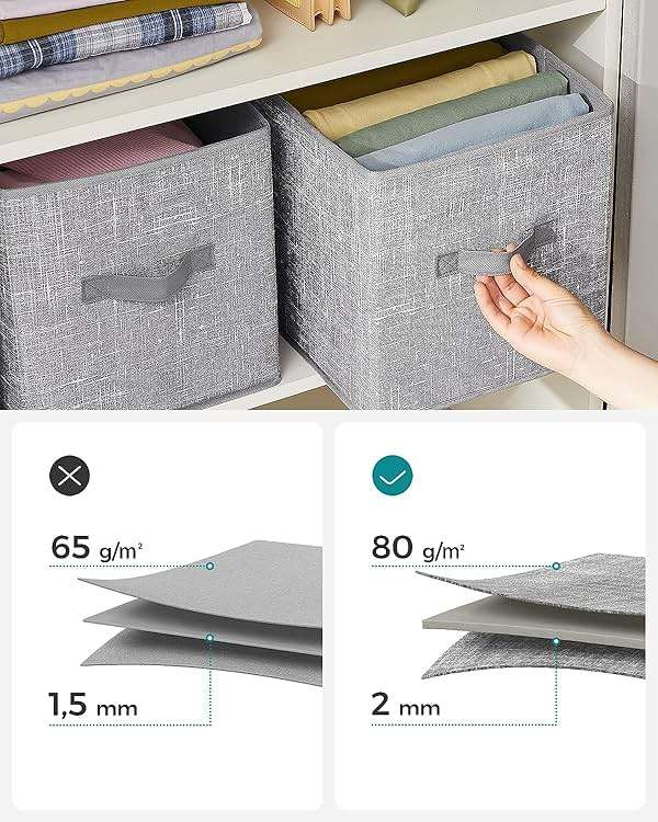SONGMICS Storage Cubes, 11-Inch Non-Woven Fabric Bins with Double Handles, Set of 6, Closet Organizers for Shelves, Foldable, for Clothes, Cattail Gray UROB26LG - Image 6