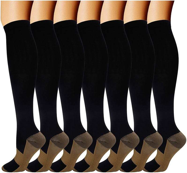 Double Couple 7 Pairs Copper Compression Socks for Men Women 20-30 mmHg Knee High Stockings Best Support for Sports - Image 1