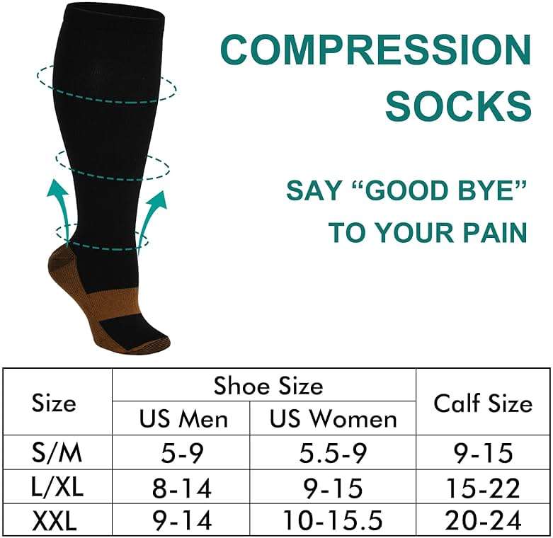 Double Couple 7 Pairs Copper Compression Socks for Men Women 20-30 mmHg Knee High Stockings Best Support for Sports - Image 2