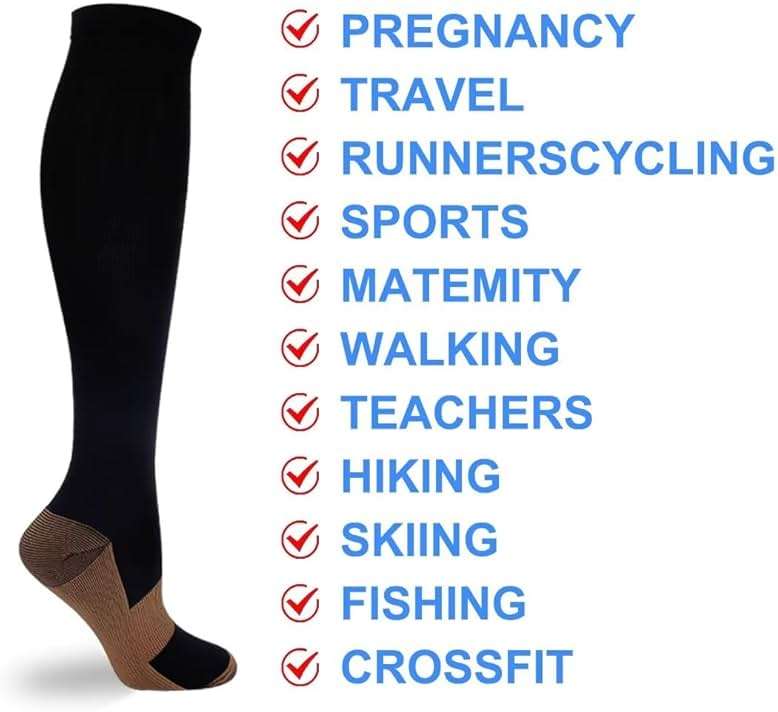 Double Couple 7 Pairs Copper Compression Socks for Men Women 20-30 mmHg Knee High Stockings Best Support for Sports - Image 3
