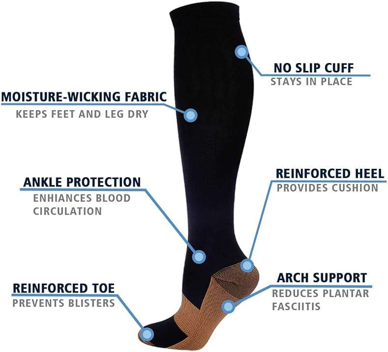 Double Couple 7 Pairs Copper Compression Socks for Men Women 20-30 mmHg Knee High Stockings Best Support for Sports - Image 6