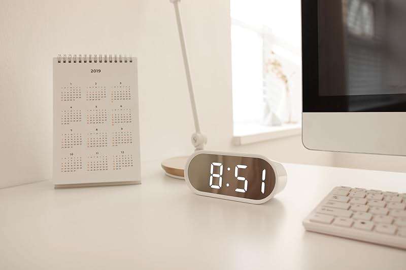 mooas Pop Mirror Digital Alarm Clock, LED Desk Clock with Nightlight, Snooze, Indoor Temperature, Battery Operated Small Size Clock for Kids Girls Bedroom Livingroom Office (White) - Image 2