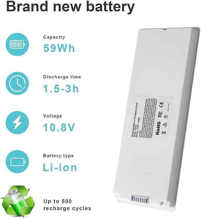 ARyee 59Wh 10.8V A1185 Laptop Battery Replacement for Apple MacBook 13 A1181 MA561 MA254 MA255 MB402 MB061 MB062 (Mid/Late 2006, Mid/Late 2007, Early/Late 2008, Early/Mid 2009) - Image 2