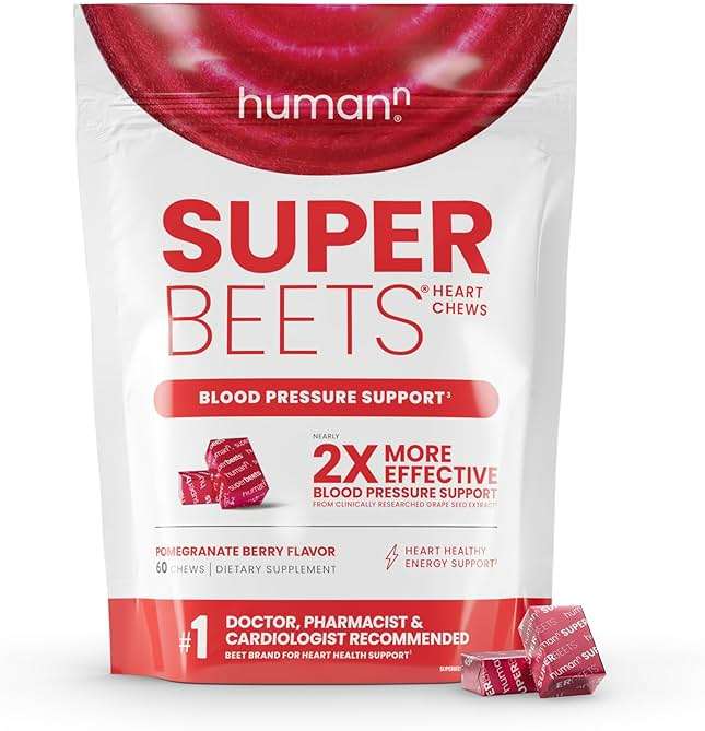 HumanN SuperBeets Heart Chews, Beet Root Powder Support Energy Supplement, Nitric Oxide and Blood Pressure Support, Grape Seed Extract & Non-GMO, Heart Health, Pomegranate Berry Flavor, 60 Count - Image 1