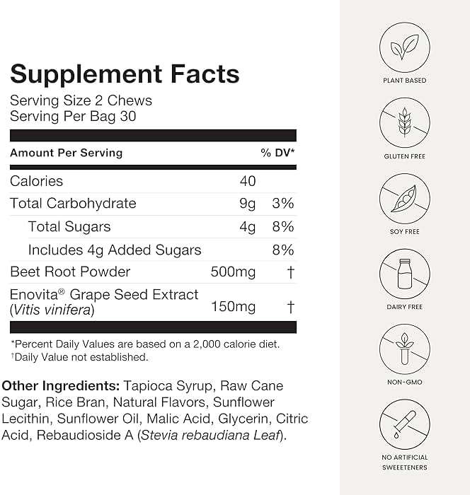 HumanN SuperBeets Heart Chews, Beet Root Powder Support Energy Supplement, Nitric Oxide and Blood Pressure Support, Grape Seed Extract & Non-GMO, Heart Health, Pomegranate Berry Flavor, 60 Count - Image 7