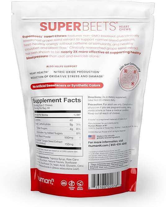 HumanN SuperBeets Heart Chews, Beet Root Powder Support Energy Supplement, Nitric Oxide and Blood Pressure Support, Grape Seed Extract & Non-GMO, Heart Health, Pomegranate Berry Flavor, 60 Count - Image 8