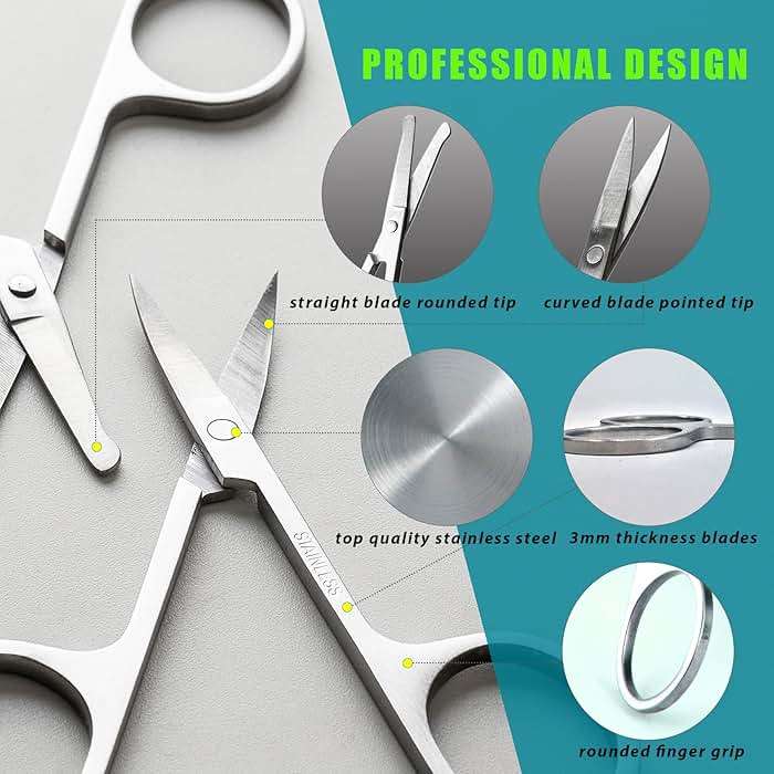 Facial Hair Small Grooming Scissors For Men Women - Eyebrow, Nose Hair, Mustache, Beard, Eyelashes, Ear Trimming Kit - Curved and Rounded Safety Tip Clippers For Hair Cutting - 2PCS Silver - Image 3