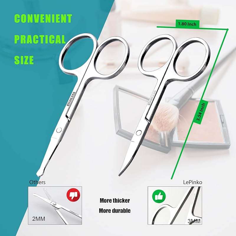 Facial Hair Small Grooming Scissors For Men Women - Eyebrow, Nose Hair, Mustache, Beard, Eyelashes, Ear Trimming Kit - Curved and Rounded Safety Tip Clippers For Hair Cutting - 2PCS Silver - Image 4