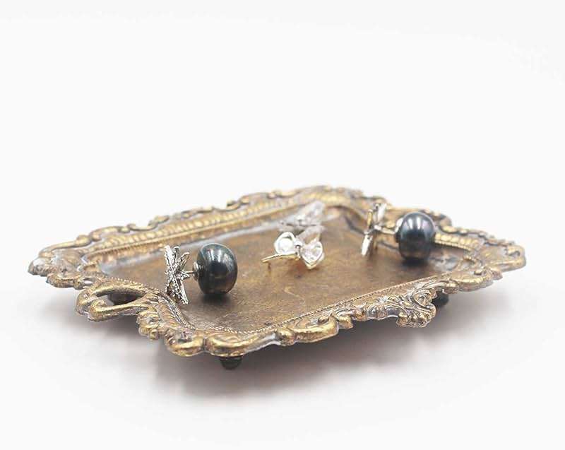 Funly mee Small Antique Trinket Dish Vintage Gold Metal Jewelry Tray, Ring Holder-5.3 x 3.5 x 1.2 inches - Image 5