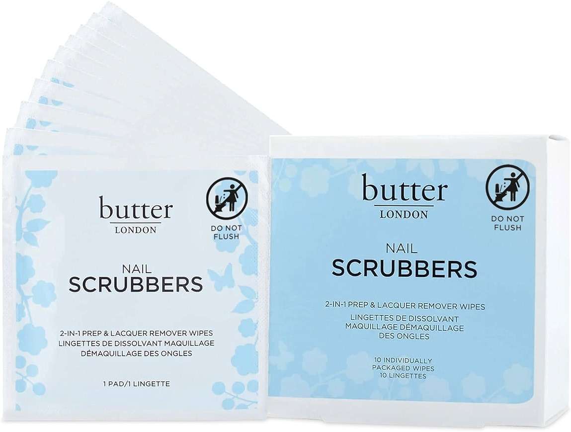 butter LONDON Pre-Soaked Nail Polish Remover Pads, Nail Scrubbers - 2-in-1 Prep & Lacquer Remover Nail Wipes - Gel Fingernail Polish Remover - Cruelty-Free, Paraben-Free, & Gluten-Free - Image 1