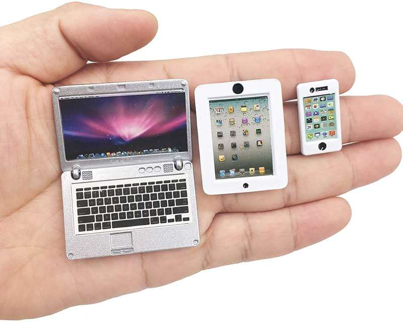 3 Pack Dollhouse Mini Laptop Tablet and Smart Phone Scene Computer Simulation Accessories for Doll 1/6 1/12 Miniatures Silver - Image 1
