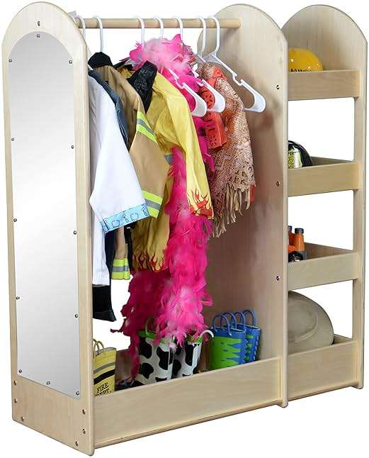Contender Wooden Kids Fashion Pretend Dress-Up Station, Toddlers Clothing and Shoes Closet, Montessori Kids Room Furniture with Mirror & Side Hooks for Costume Storage - Image 1