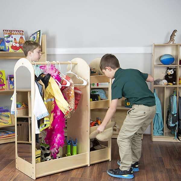 Contender Wooden Kids Fashion Pretend Dress-Up Station, Toddlers Clothing and Shoes Closet, Montessori Kids Room Furniture with Mirror & Side Hooks for Costume Storage - Image 7