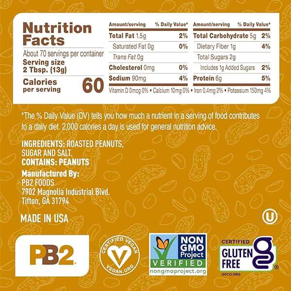PB2 Original Powdered Peanut Butter - [32 Ounce Jar] 6g of Protein, 90% Less Fat, Certified Gluten Free, Only 60 Calories per Serving, Perfect for Protein Shakes, Smoothies, and Low-Carb, Keto Diets - Image 2