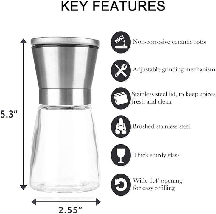 Mincham Manual Salt or Pepper Grinder for Professional Chef, Best Spice Mill with Stainless Steel Cap, Ceramic Blades and Adjustable Coarseness, Refillable Glass Body with 6OZ Capacity - Image 3