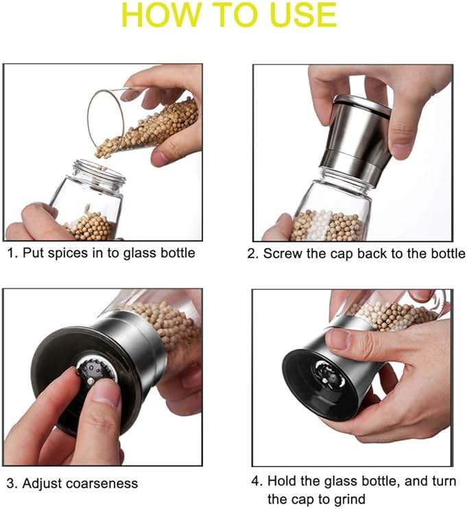 Mincham Manual Salt or Pepper Grinder for Professional Chef, Best Spice Mill with Stainless Steel Cap, Ceramic Blades and Adjustable Coarseness, Refillable Glass Body with 6OZ Capacity - Image 4