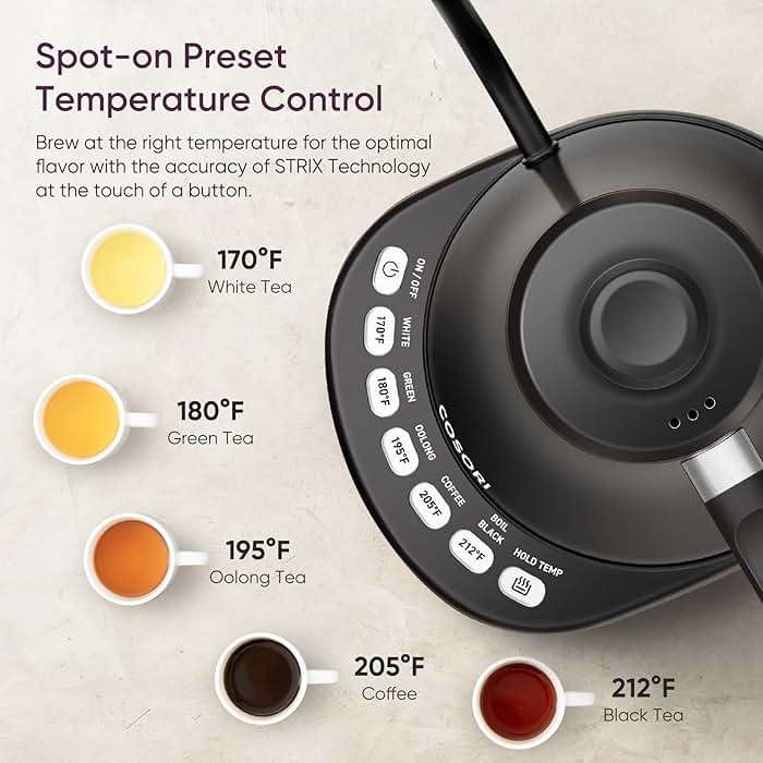 COSORI Electric Gooseneck Kettle with 5 Temperature Control Presets, Pour Over Kettle for Coffee & Tea, Hot Water Boiler, 100% Stainless Steel Inner Lid & Bottom, 1200W/0.8L - Image 2