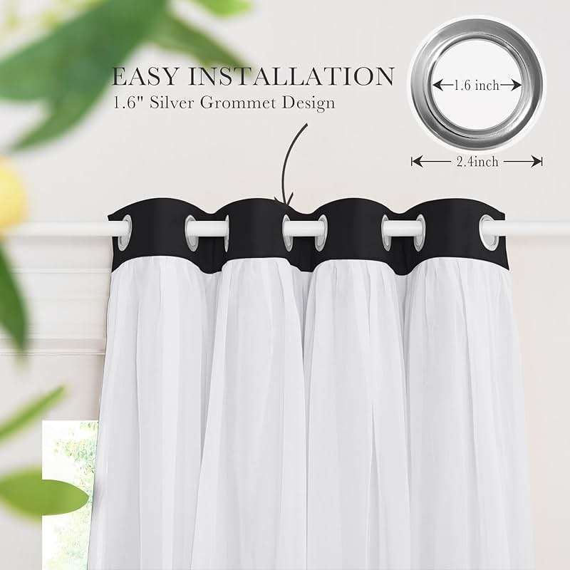 PONY DANCE Black Curtains for Bedroom - Decorative Window Curtains Double Layered Blackout Drapery White Crushed Sheers Panels Set for Living Room, 52 W x 84 L, Set of 2 - Image 6