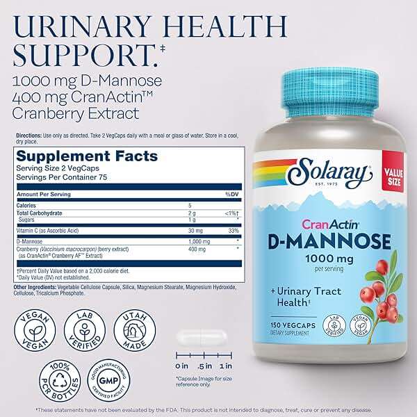 Solaray D-Mannose 1000mg with CranActin Cranberry Supplement 400mg, Urinary Tract Health & Bladder Support Capsules with Vitamin C, Vegan, 60 Day Guarantee, 75 Servings, 150 VegCaps - Image 2