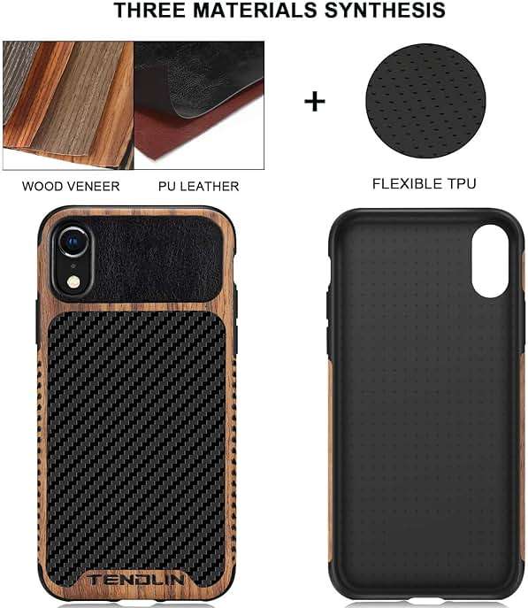TENDLIN Compatible with iPhone XR Case Wood Grain with Carbon Fiber Texture Design Leather Hybrid Slim Case Compatible with iPhone XR (Carbon & Leather & Wood) Black - Image 2
