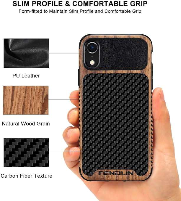 TENDLIN Compatible with iPhone XR Case Wood Grain with Carbon Fiber Texture Design Leather Hybrid Slim Case Compatible with iPhone XR (Carbon & Leather & Wood) Black - Image 3
