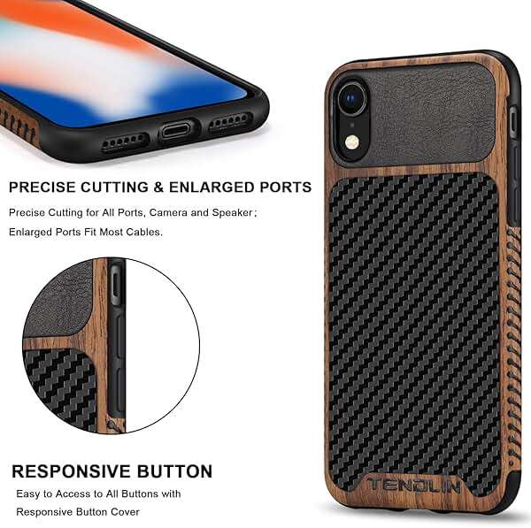 TENDLIN Compatible with iPhone XR Case Wood Grain with Carbon Fiber Texture Design Leather Hybrid Slim Case Compatible with iPhone XR (Carbon & Leather & Wood) Black - Image 5