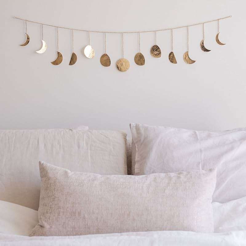 BASE ROOTS Moon Phase Wall Decor, Celestial Décor, Moon Décor & Boho Wall Décor, Gold Wall Art for Bedroom & Living Room, Bohemian Wall Decor, Handmade Hammered Metal 36" 13 Phases Moon Wall Decor, Gift for Women & Kids - Image 1