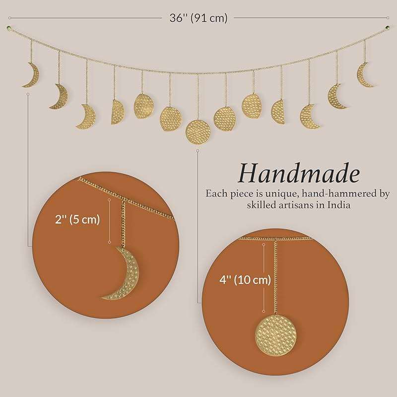 BASE ROOTS Moon Phase Wall Decor, Celestial Décor, Moon Décor & Boho Wall Décor, Gold Wall Art for Bedroom & Living Room, Bohemian Wall Decor, Handmade Hammered Metal 36" 13 Phases Moon Wall Decor, Gift for Women & Kids - Image 2