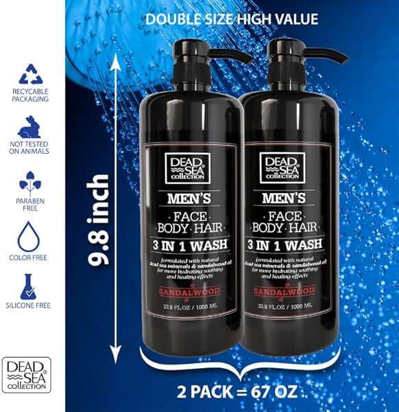 Dead Sea Collection Sandalwood Men’s Body Wash – 3 in 1 Body Wash for Men for Hair, Face & Body – Moisturizing Shower Gel with Dead Sea Minerals – Pack of 2 (33.8 fl oz each) - Image 3