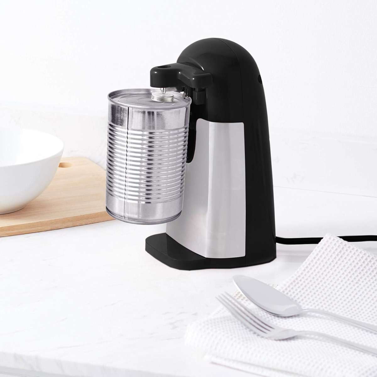 Amazon Basics 3-In-1 Electric Can Opener, Bottle Opener and Knife Sharpener with Stainless Steel Blade, Magnetic Lid Holder, Safe, Easy to Use, Powerful, Sleek Design, 50W, Black - Image 2