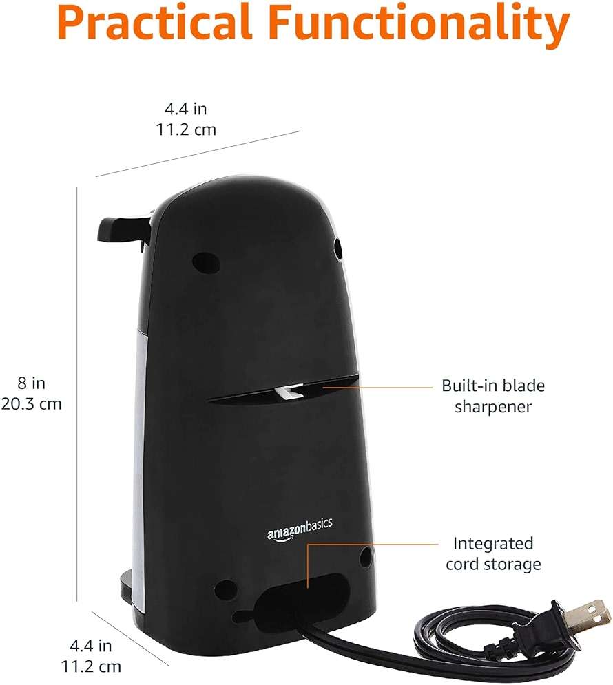 Amazon Basics 3-In-1 Electric Can Opener, Bottle Opener and Knife Sharpener with Stainless Steel Blade, Magnetic Lid Holder, Safe, Easy to Use, Powerful, Sleek Design, 50W, Black - Image 3