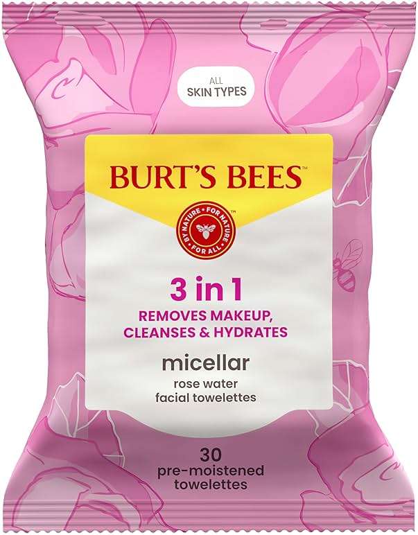 Burt’s Bees Micellar Rose Water Facial Towelettes, 100% Plant Based Cloth; 99% Natural Origin; Remove Makeup, Cleanse, Hydrate; No Greasy, Oily Residue; All Skin Types (Pack May Vary) - Image 1