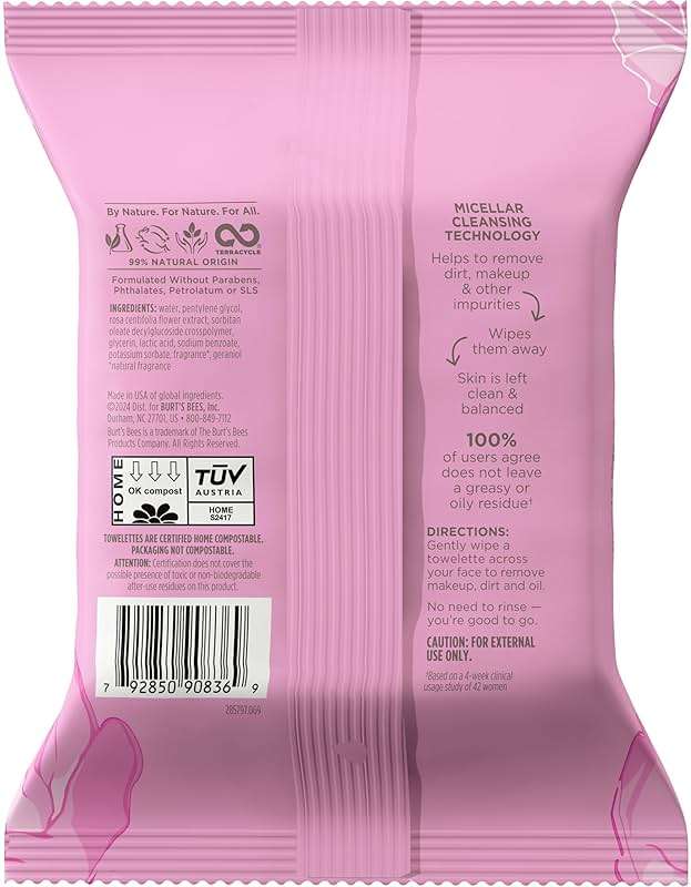 Burt’s Bees Micellar Rose Water Facial Towelettes, 100% Plant Based Cloth; 99% Natural Origin; Remove Makeup, Cleanse, Hydrate; No Greasy, Oily Residue; All Skin Types (Pack May Vary) - Image 9