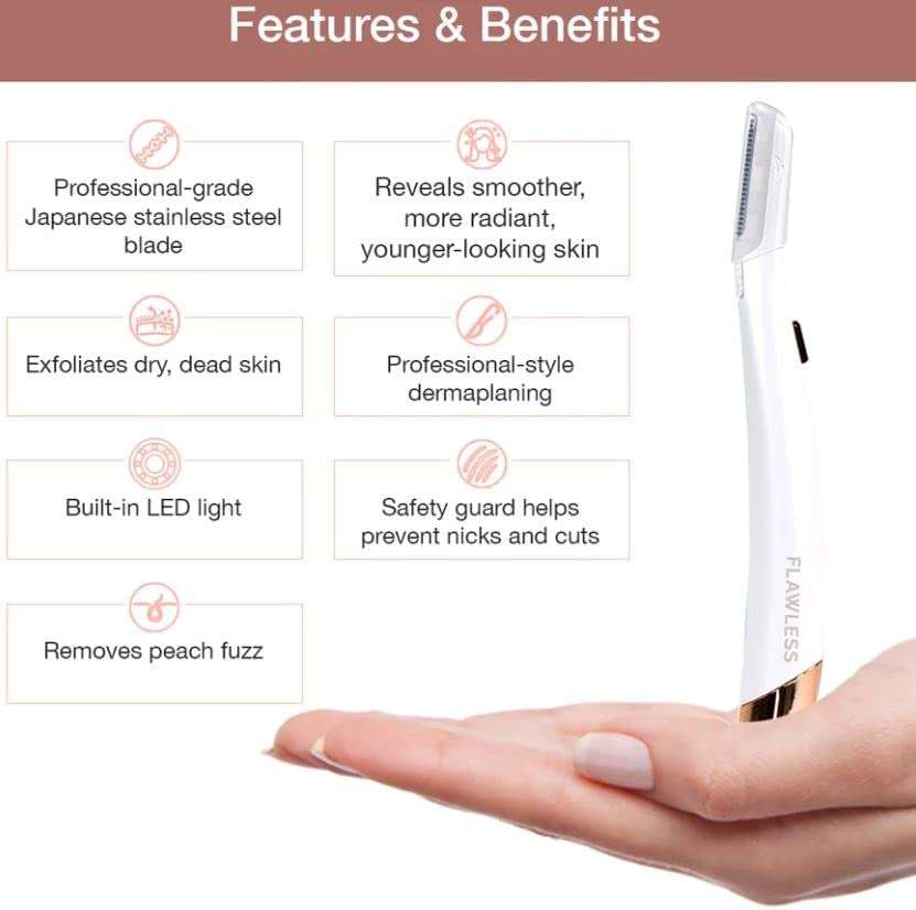 Finishing Touch Flawless Dermaplane Glo Lighted Facial Exfoliator - Non-Vibrating and Includes 6 Replacement Heads, White/Rose Gold - Image 10