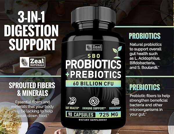 Probiotics and Prebiotics + SBO Probiotics (60 Billion CFU | 90 Capsules) Acidophilus Probiotic w. Saccharomyces Boulardii, Bifidobacterium + Spore Probiotic & Organic Sprouted Prebiotic Fiber Blend - Image 4