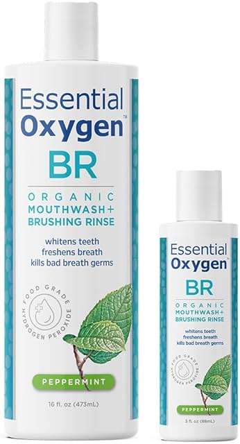 Essential Oxygen, Certified Organic Brushing Rinse, Combo, Peppermint, All Natural mouthwash, Dentist Recommended, Alcohol-Free Oral Care, 1 - 3 fl oz bottle and 1 - 16 fl oz bottle, BR (Pack of 2) - Image 1
