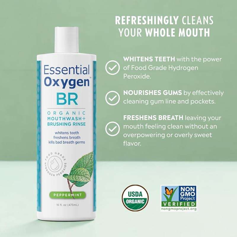 Essential Oxygen, Certified Organic Brushing Rinse, Combo, Peppermint, All Natural mouthwash, Dentist Recommended, Alcohol-Free Oral Care, 1 - 3 fl oz bottle and 1 - 16 fl oz bottle, BR (Pack of 2) - Image 2
