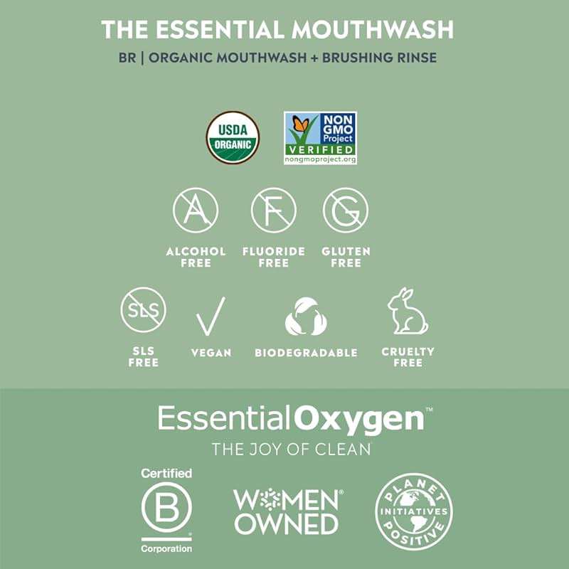 Essential Oxygen, Certified Organic Brushing Rinse, Combo, Peppermint, All Natural mouthwash, Dentist Recommended, Alcohol-Free Oral Care, 1 - 3 fl oz bottle and 1 - 16 fl oz bottle, BR (Pack of 2) - Image 3