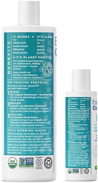 Essential Oxygen, Certified Organic Brushing Rinse, Combo, Peppermint, All Natural mouthwash, Dentist Recommended, Alcohol-Free Oral Care, 1 - 3 fl oz bottle and 1 - 16 fl oz bottle, BR (Pack of 2) - Image 5