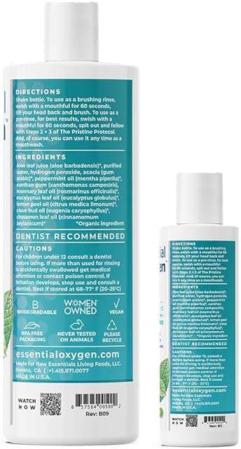 Essential Oxygen, Certified Organic Brushing Rinse, Combo, Peppermint, All Natural mouthwash, Dentist Recommended, Alcohol-Free Oral Care, 1 - 3 fl oz bottle and 1 - 16 fl oz bottle, BR (Pack of 2) - Image 6