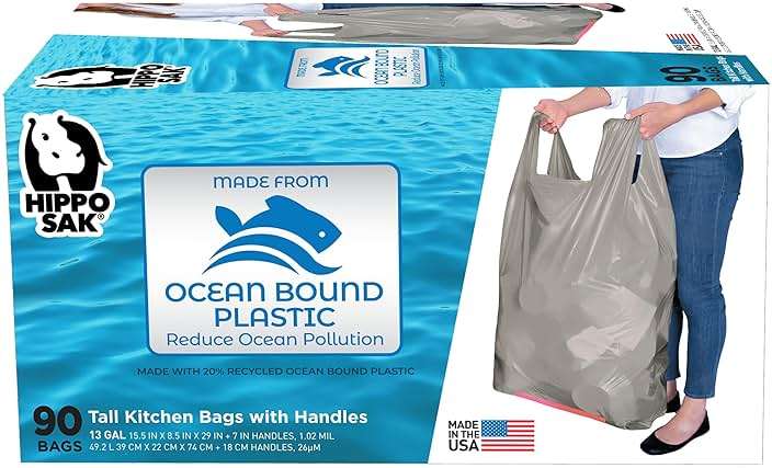 Hippo Sak - Tall Kitchen Garbage Bags with Ergonomic Handles - 13 Gallon Trash Bags Made from Recycled Ocean Bound Plastic - Super Strong and Leak Proof Tall Kitchen Trash Bags (90 Count) - Image 1