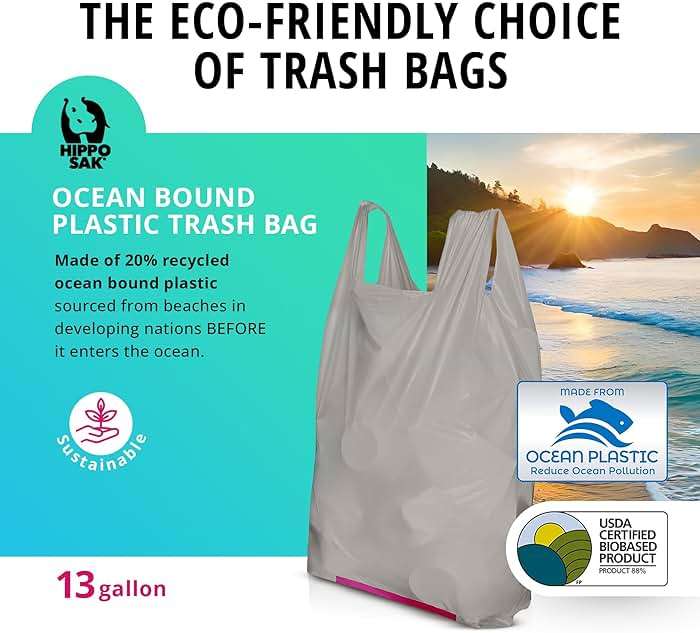 Hippo Sak - Tall Kitchen Garbage Bags with Ergonomic Handles - 13 Gallon Trash Bags Made from Recycled Ocean Bound Plastic - Super Strong and Leak Proof Tall Kitchen Trash Bags (90 Count) - Image 2