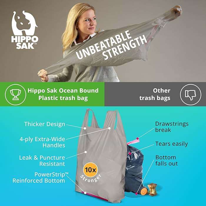 Hippo Sak - Tall Kitchen Garbage Bags with Ergonomic Handles - 13 Gallon Trash Bags Made from Recycled Ocean Bound Plastic - Super Strong and Leak Proof Tall Kitchen Trash Bags (90 Count) - Image 5