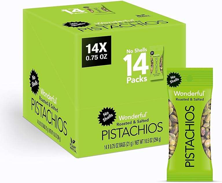 Wonderful Pistachios No Shells, Roasted & Salted Nuts, 0.75 Ounce Bag (Pack of 14), Protein Snacks, Vegan Snacks, On-the-Go, Individual Snacks for Adults - Image 1