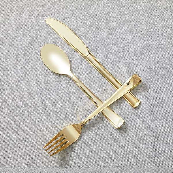 N9R 160pcs Gold Plastic Silverware - Gold Plastic Utensils Set - Tableware Flatware Kit 80 Forks, 40 Spoons, 40 Knives Disposable Cutlery Set for Party, Wedding, Birthday - Image 5