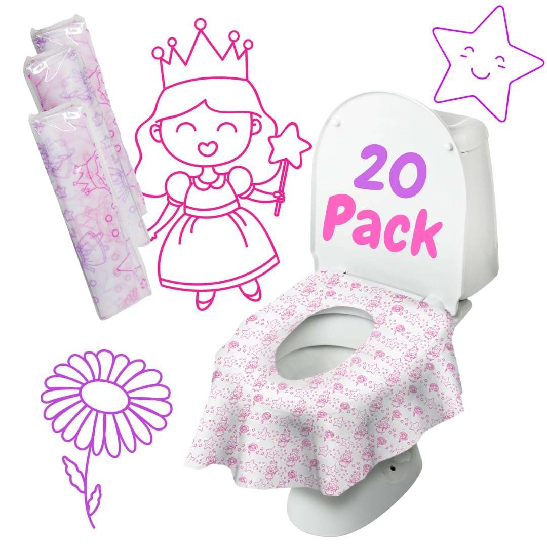 Princess Disposable Toilet Seat Cover for Kids 20 Pack, XL, Waterproof & Individually Wrapped Toddler Toilet Covers Disposable for Travel, Potty Liners for Toddlers, Potty Training for Girls and Boys - Image 1