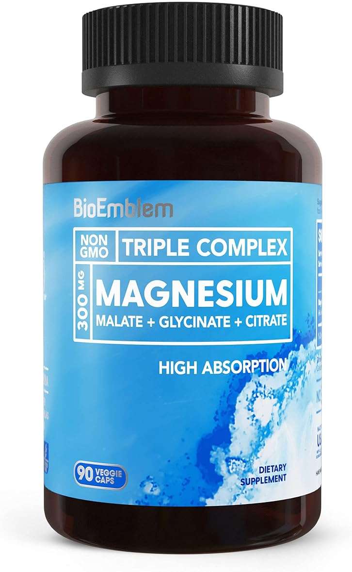 BioEmblem Triple Magnesium Complex | 300mg Magnesium Glycinate, Malate & Citrate | High Absorption Chelated Formula | Vegan, Non-GMO, Gluten-Free | 90 Capsules - Image 1